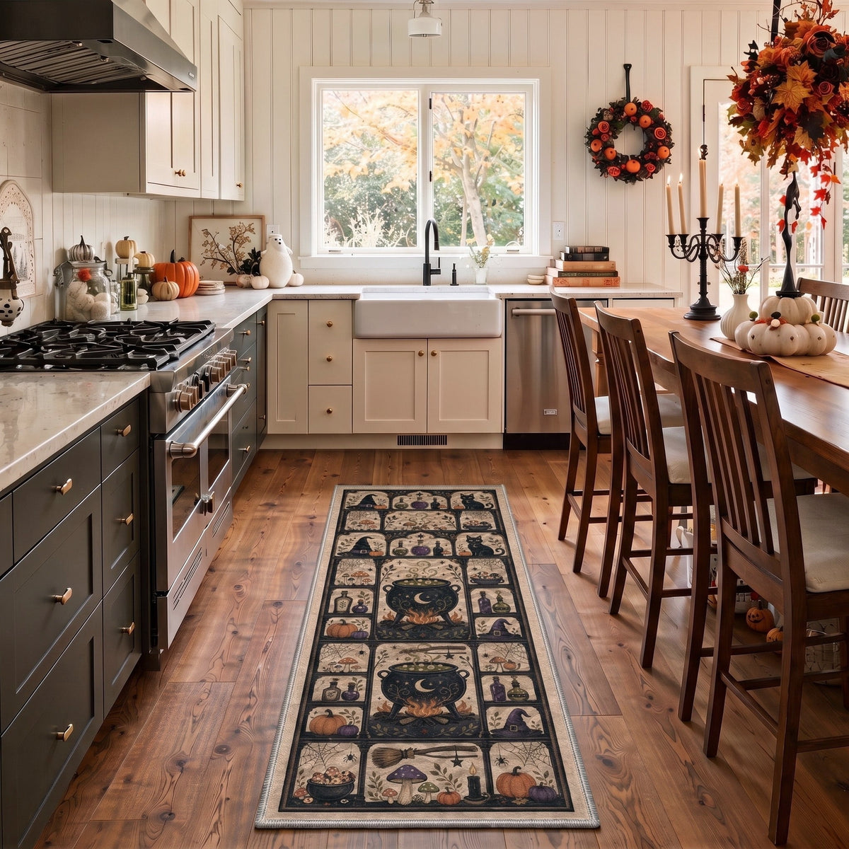 GENIMO 2'x7' Halloween Runner Rug, Washable Non Slip Soft Farmhouse Pumpkin Indoor Outdoor Hallway Runner for Porch Patio Kitchen Entryway, Vintage Sepia