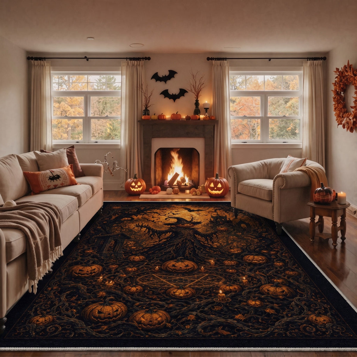 GENIMO 2'x7' Halloween Runner Rug, Washable Non Slip Soft Gothic Raven Indoor Outdoor Hallway Runner for Porch Patio Kitchen Entryway, Rust Orange