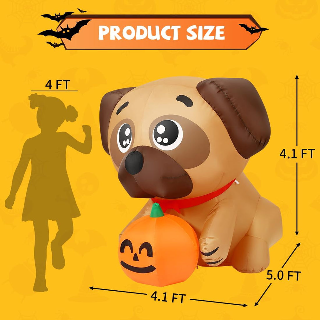 COMIN 5 FT Halloween Inflatables Dog Outdoor Yard Decorations Blow Up Pug Holding Pumpkin with Built-in LEDs for Indoor Party Garden Lawn Decor