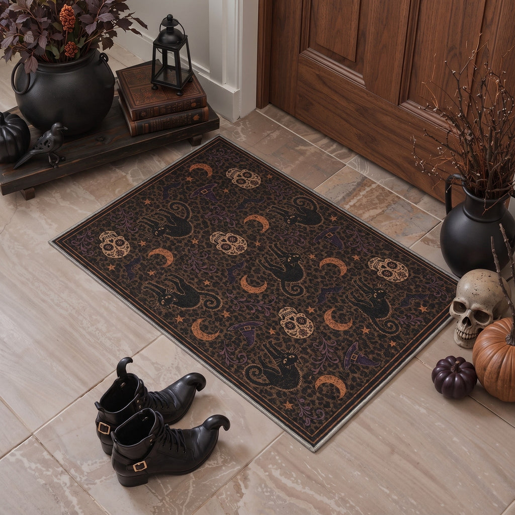 GENIMO 2'x3' Halloween Doormat, Washable Non Slip Soft Vintage Witch Outdoor Door Mat for Front Door Covered Porch Patio Entryway, Burnt Amber