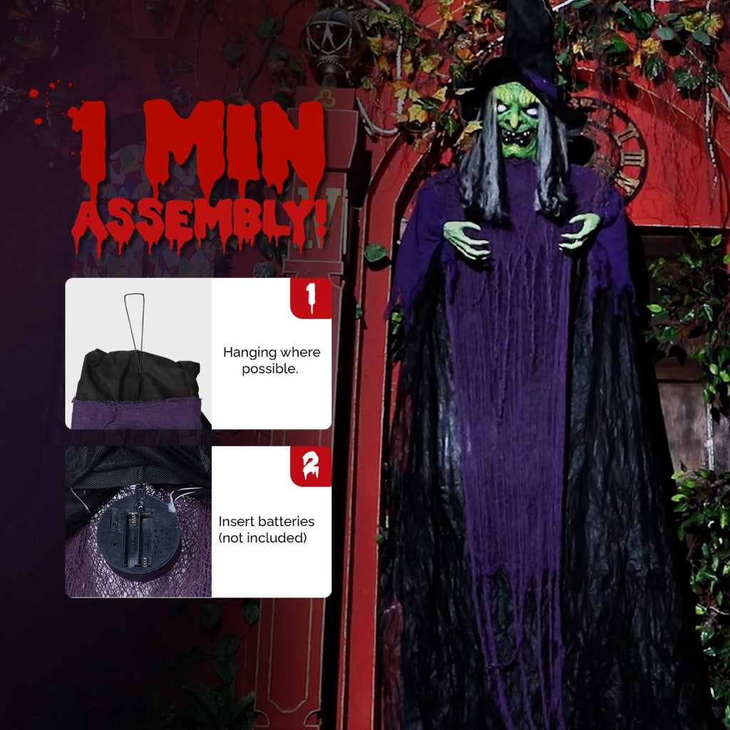11.8ft Halloween Animatronics Hanging Witch Outdoor Decoration, Sound Animated Talking Witch with Light-up Eyes for Haunted House Prop Décor, Yard Lawn Decorations