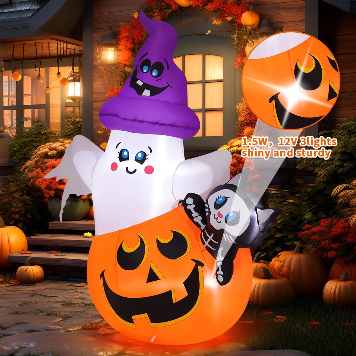 COMIN 5 FT Halloween Inflatables Pumpkin Ghost Cat Outdoor Decorations Blow Up Yard with Built-in LEDs for Indoor Party Garden Lawn Decor