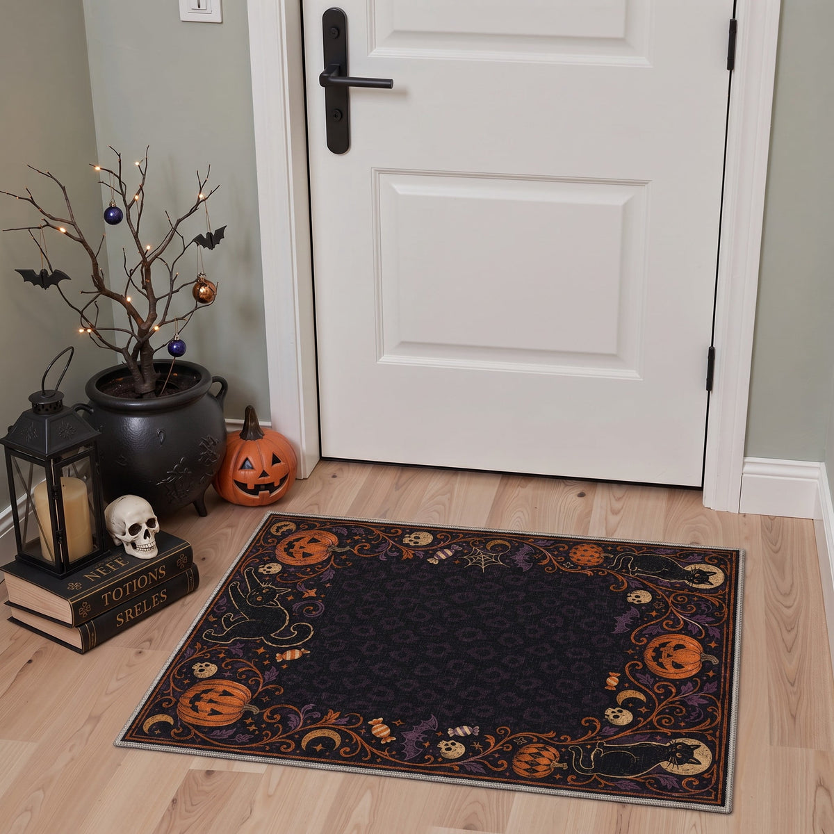 GENIMO 2'x3' Halloween Doormat, Washable Non Slip Soft Whimsical Cat Outdoor Door Mat for Front Door Covered Porch Patio Entryway, Rustic Black