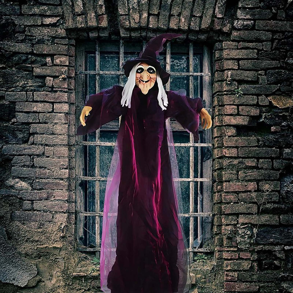 EWSFHUI 71" Life Size Hanging Talking Witch, Sound Activation and Red Eye Animated Witch Indoor Outdoor Halloween Decoration, Decor Prop