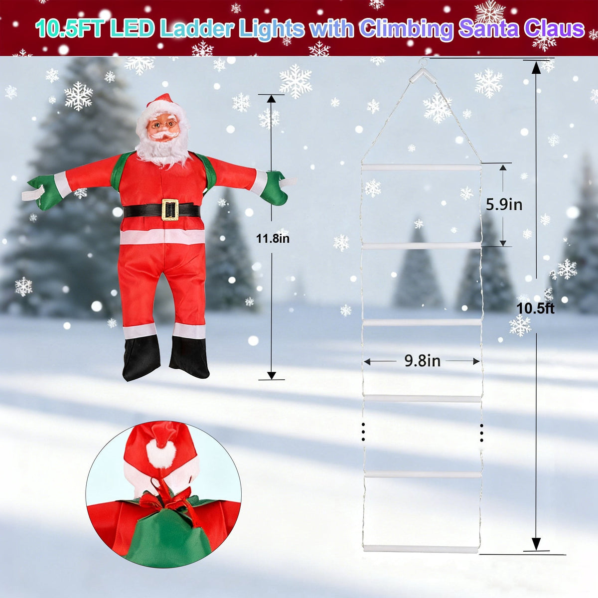 Morfone Christmas Decorations LED Ladder Lights with Climbing Santa Claus, 10.5ft Christmas Decorative String Lights for Indoor Outdoor, Window, Garden, Home, Wall, Xmas Tree Decor, Multicolor