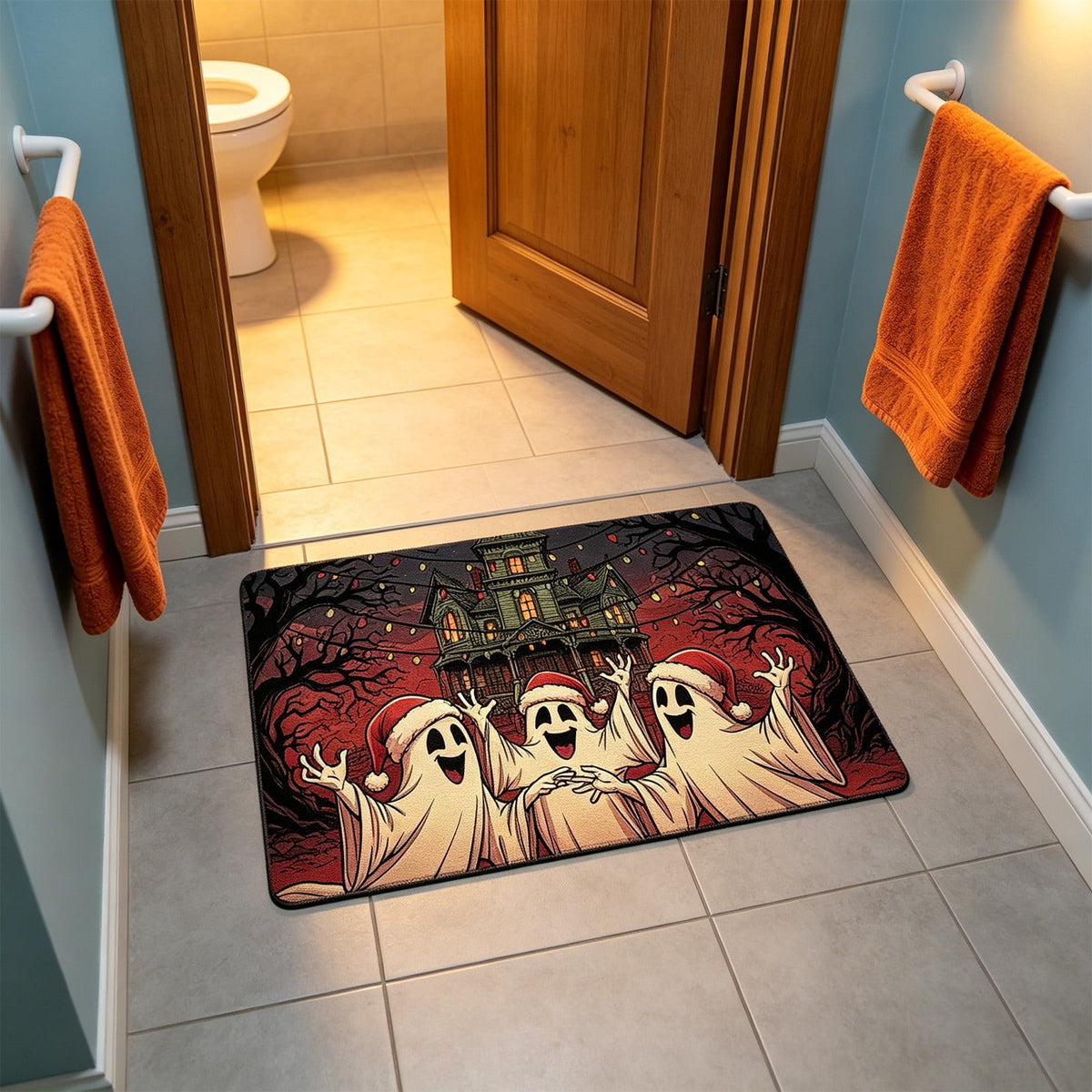 Halloween Doormat Ghost Bath Mat 23.6x15.7in Secure-Grip Absorbent Soft Faux Fur Rug for Bathroom Bedroom Living Room Decor by OVFUIZ