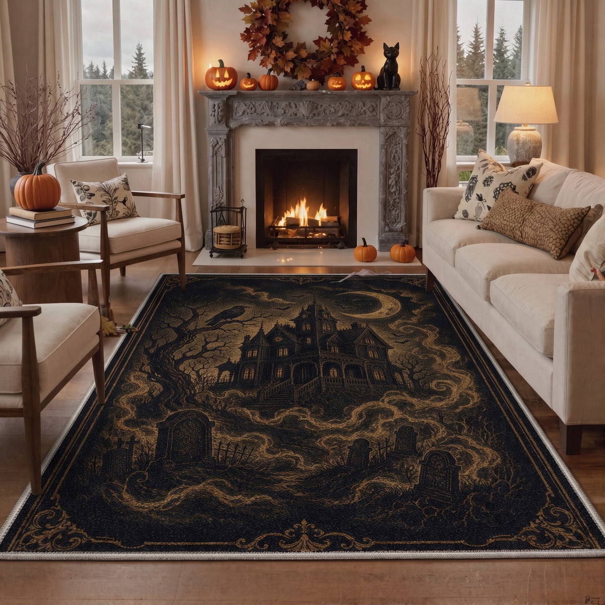 GENIMO 5'x7' Halloween Area Rug for Living Room, Washable Non Slip Soft Vintage Witch Indoor Rug for Bedroom Dining Room Home Office, Retro Sepia
