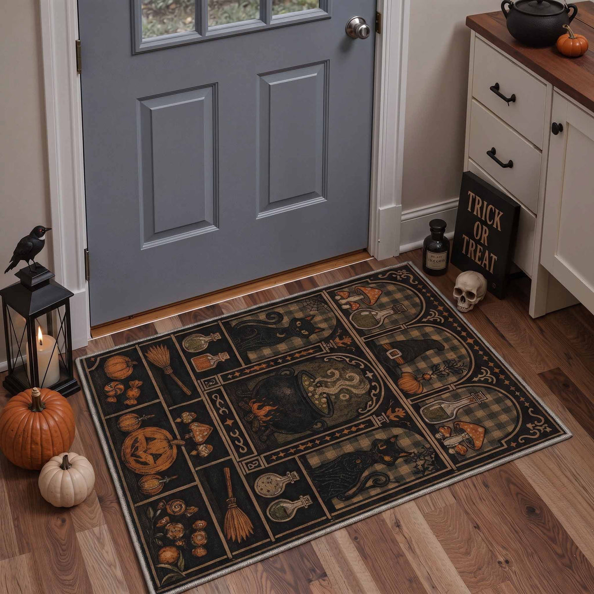 GENIMO 2'x7' Halloween Runner Rug, Washable Non Slip Soft Farmhouse Pumpkin Indoor Outdoor Hallway Runner for Porch Patio Kitchen Entryway, Vintage Sepia