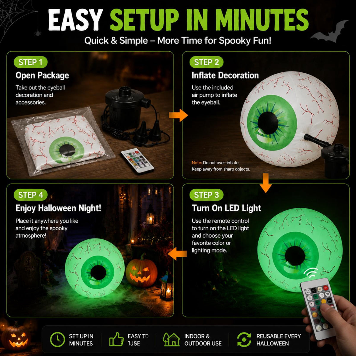 Kumdkd 15.7" Halloween LED Eyeball Inflatable Decor - Color Changing Party Balloon with Remote Control for Indoor/Outdoor Scary Decorations