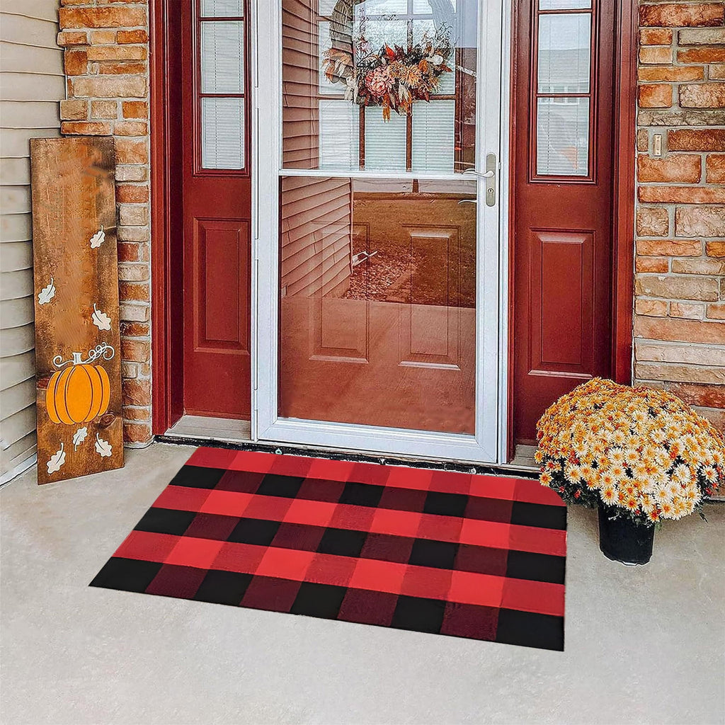 Xuniizn Fall Door Mat, Buffalo Plaid Fall Outdoor Rug Black & White Striepd Rug Front Door Mat Halloween Thanksgiving Fall Autumn Home Decor,Welcome Doormat for Front Door,Farmhouse Decor, 24 x 16"