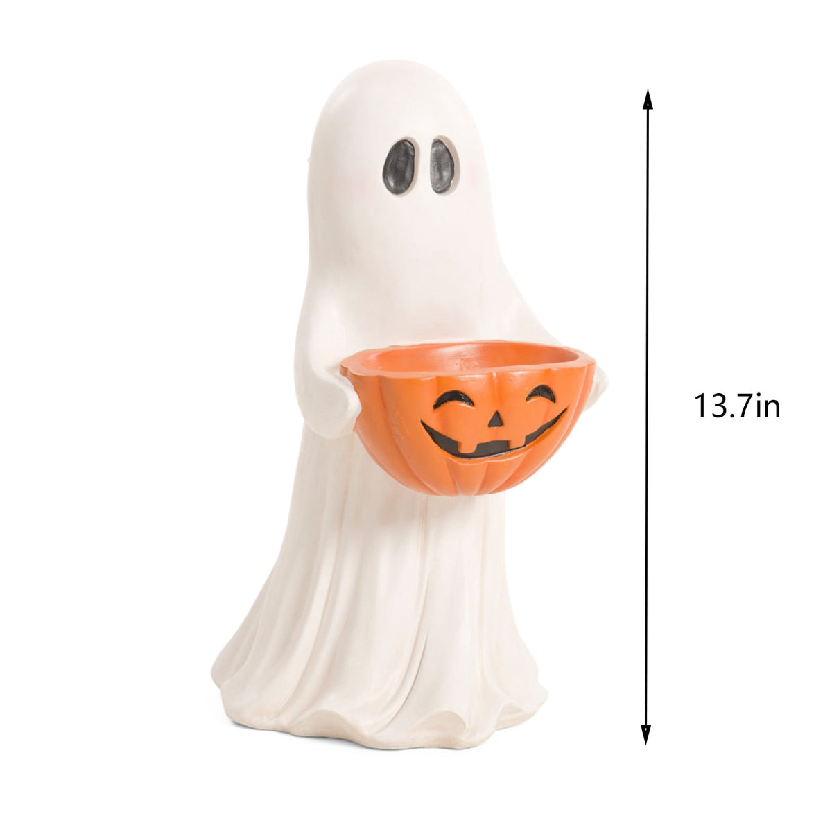Outdoor Safe Halloween Ghost Figurine With Pumpkin Candy Bowl, Front Porch and Yard Statue, Indoor Outdoor Decorative Ghost for Treats and Decor
