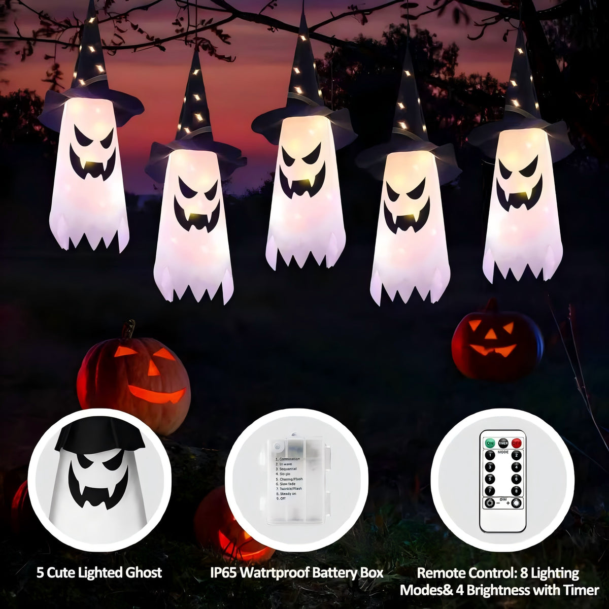 ZOEYKIMLO Halloween Witch Hat Lights Decorations Outdoor, Upgraded 5pcs Hanging Glowing Witch String Lights with 8 Modes, Waterproof Halloween Light for Outdoor, Garden, Party Decor