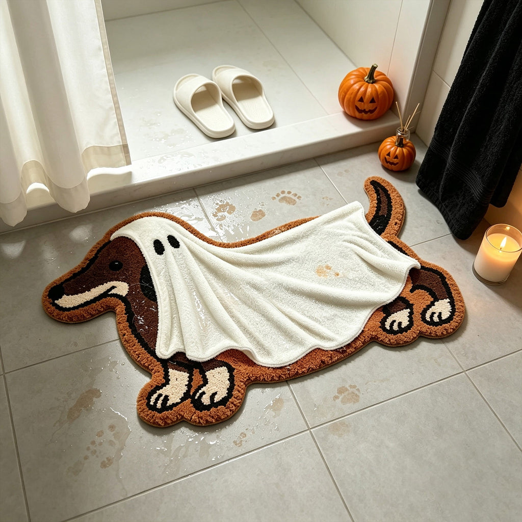 syligr Halloween Dachshund Ghost Doormat for Front Door Entryway, Cute Dog Shaped Welcome Mat with Ghost Print for Porch Patio, Non Slip Floor Decor for Indoor Outdoor Home, 23.6x15.7 Inch