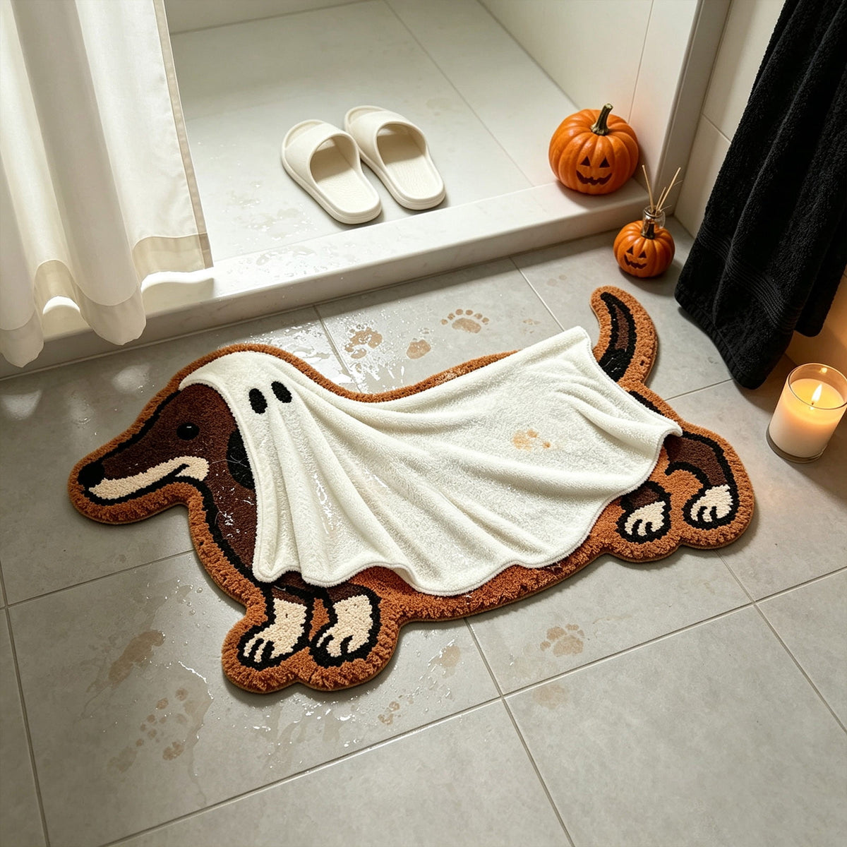 syligr Halloween Dachshund Ghost Doormat for Front Door Entryway, Cute Dog Shaped Welcome Mat with Ghost Print for Porch Patio, Non Slip Floor Decor for Indoor Outdoor Home, 23.6x15.7 Inch