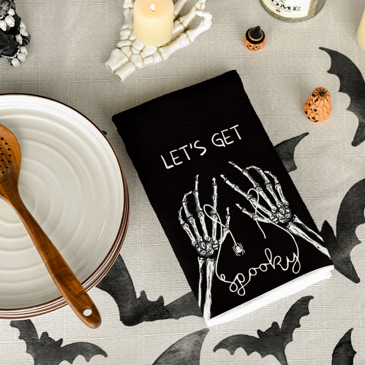 Sm:)e Spooky Pumpkin Ghost Boo Bat Halloween Kitchen Dish Towels 2 Set 18 x 26 inch