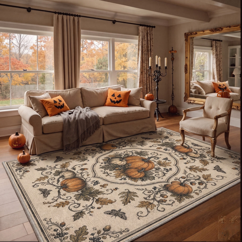 GENIMO 5'x7' Halloween Area Rug for Living Room, Washable Non Slip Soft Farmhouse Pumpkin Indoor Rug for Bedroom Dining Room Home Office, Vintage Sepia