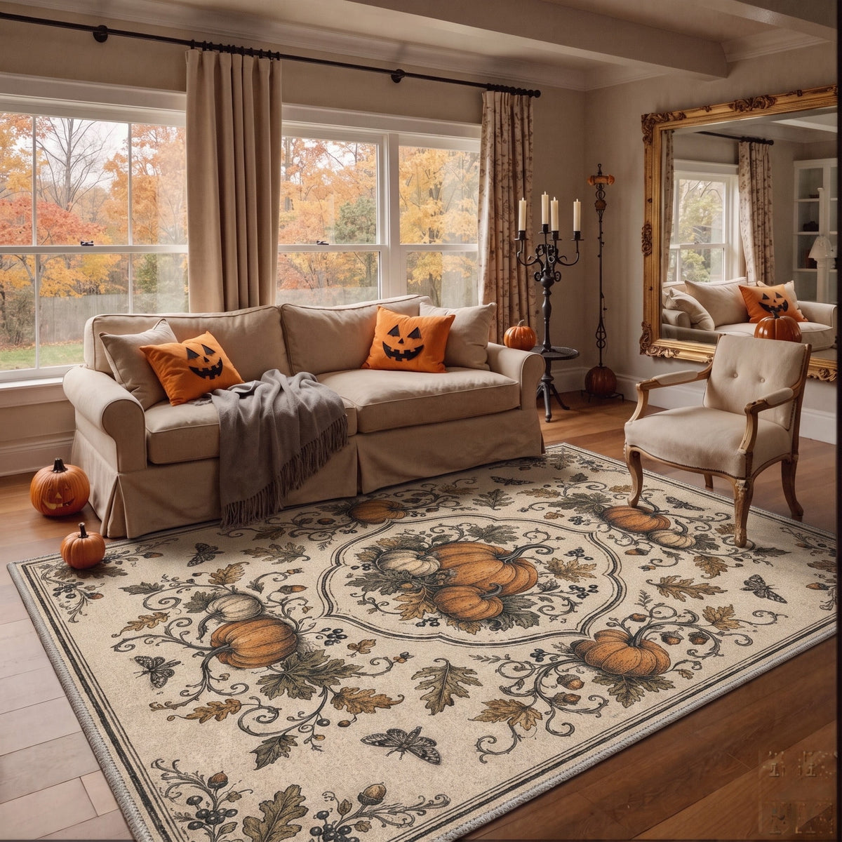 GENIMO 5'x7' Halloween Area Rug for Living Room, Washable Non Slip Soft Farmhouse Pumpkin Indoor Rug for Bedroom Dining Room Home Office, Vintage Sepia