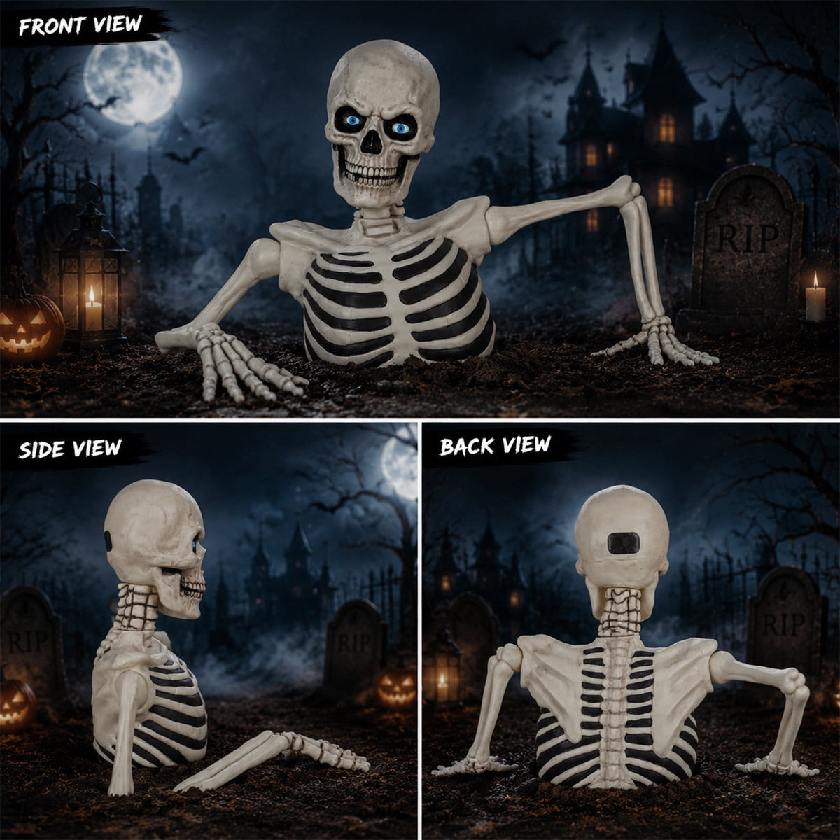 Ground Breaking Skeleton with LCD Eyes, Halloween Prop, 12 Inch Animated Ghost Skeleton with Sound Activated Glowing Eyes, Outdoor Graveyard Haunted Yard Spooky Party Decoration