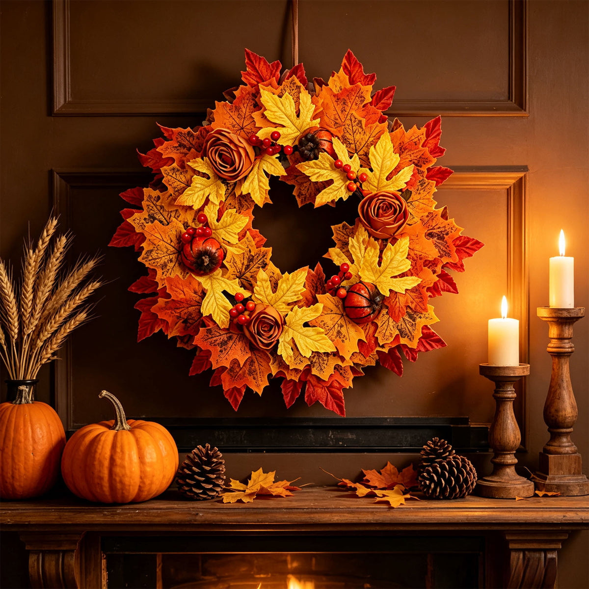 HOARBOEG Handmade Wrought Iron Maple Leaf Wreath, Thanksgiving Rudolph Fall Harvest Door Hanging, Orange Metal Autumn Wreath with Berries, Garden Wall Decor, 15.75 in