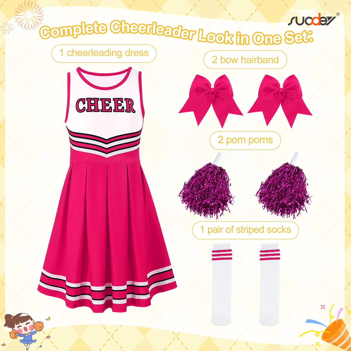 SUOSDEY Girls Cheerleader Costume Outfit Set,Kids Sleeveless Cheerleading Uniform for Party Birthday Halloween