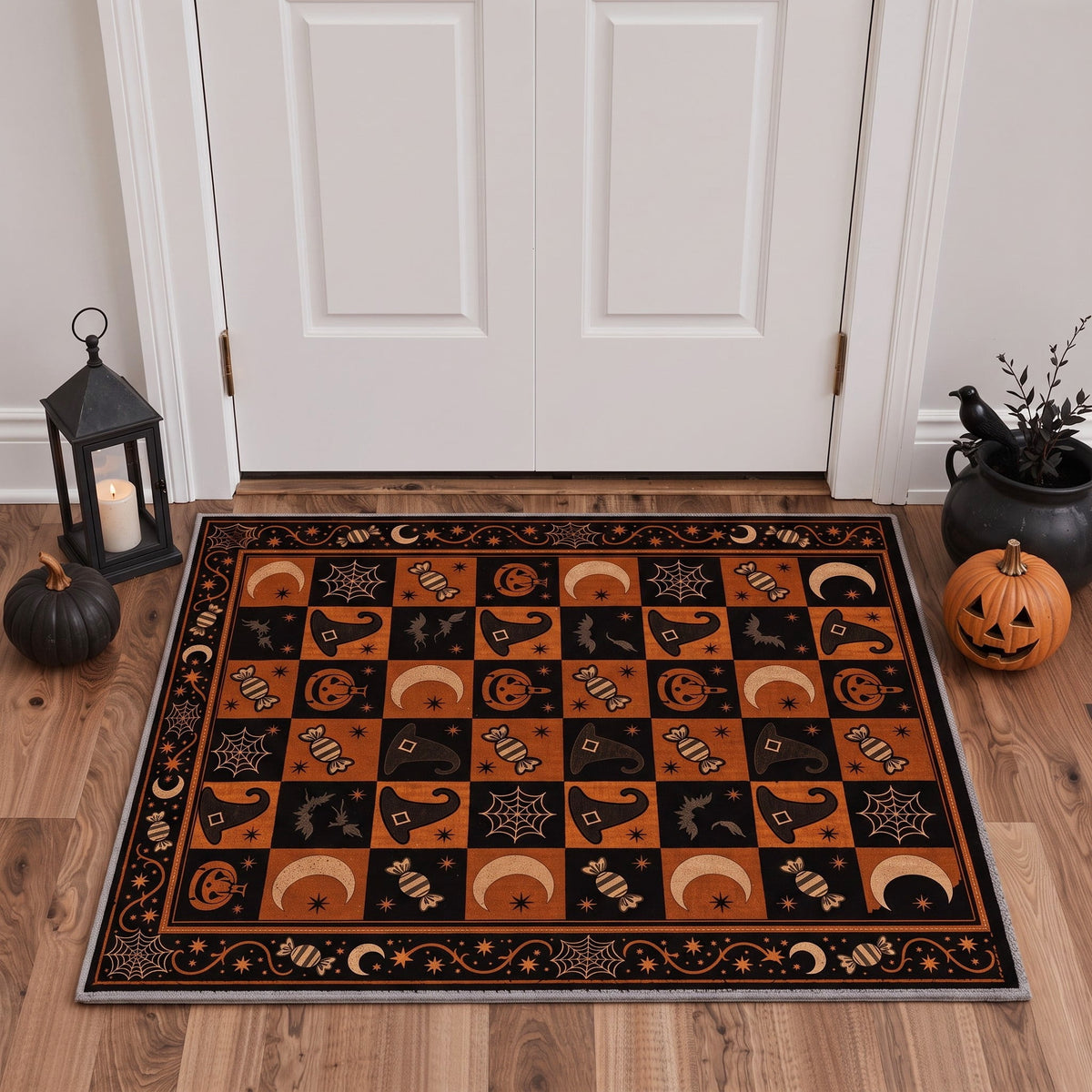 GENIMO 2'x7' Halloween Runner Rug, Washable Non Slip Soft Vintage Witch Indoor Outdoor Hallway Runner for Porch Patio Kitchen Entryway, Vintage Black