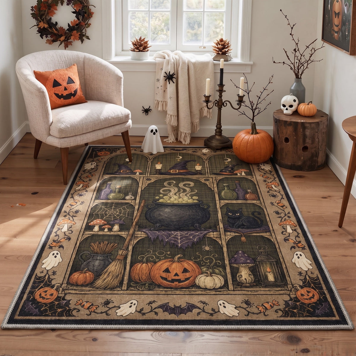 GENIMO 5'x7' Halloween Area Rug for Living Room, Washable Non Slip Soft Farmhouse Pumpkin Indoor Rug for Bedroom Dining Room Home Office, Vintage Sepia