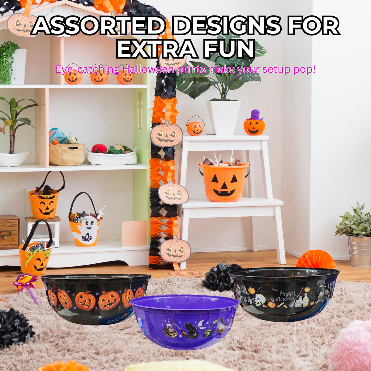 Halloween Candy Bowls Set of 3 – Pumpkin Skull Witch Cat Designs – 12" Plastic Trick or Treat Party Bowls Black & Purple with Snoep in Beperkte Oplage