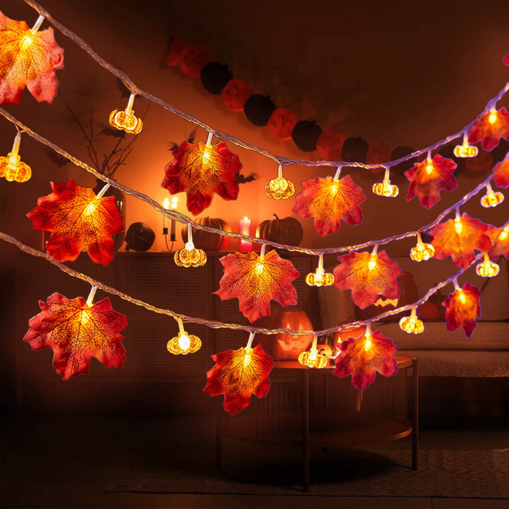 Btomtd 118.11 inch Pumpkin and Maple Leaf Lantern String Light Halloween Thanksgiving Decorative Light for Autumn Festival Porch Pathway or Table Decor, Orange