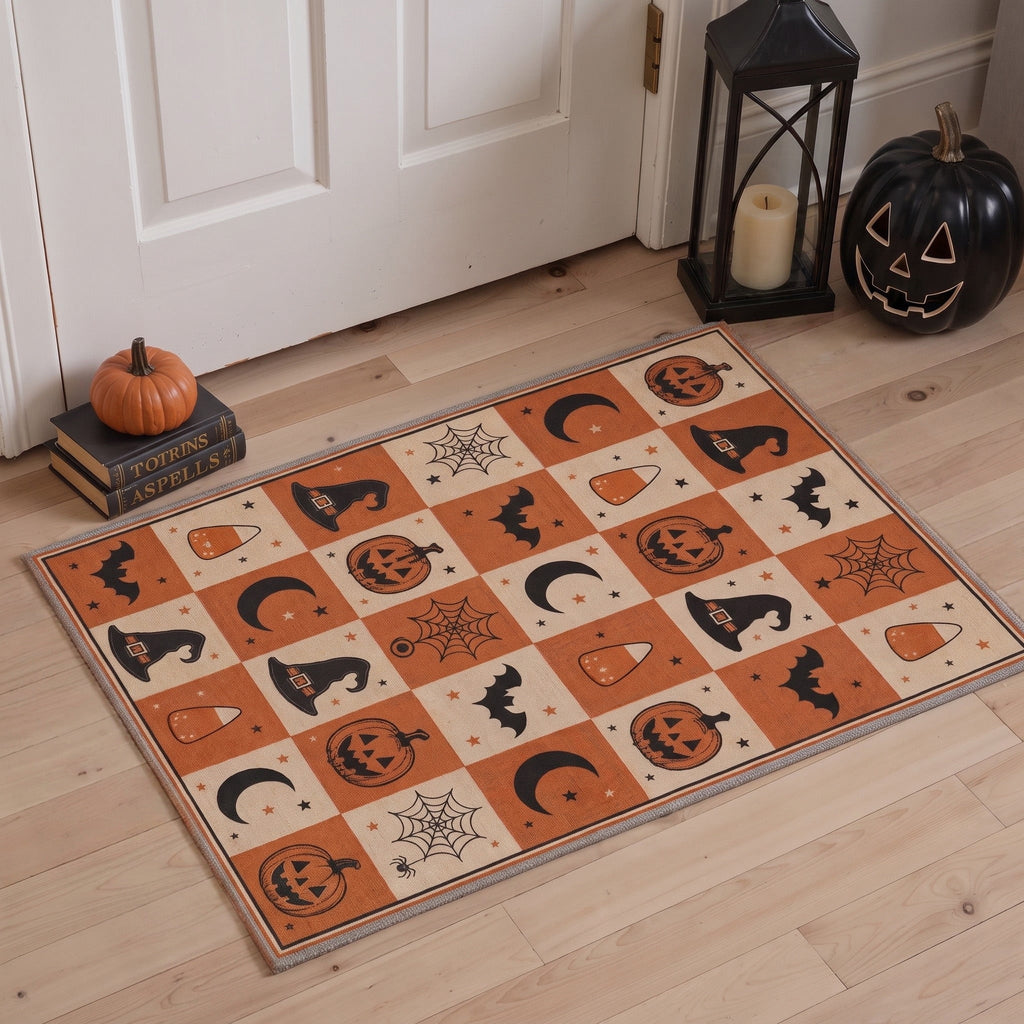 GENIMO 2'x3' Halloween Doormat, Washable Non Slip Soft Vintage Witch Outdoor Door Mat for Front Door Covered Porch Patio Entryway, Burnt Amber
