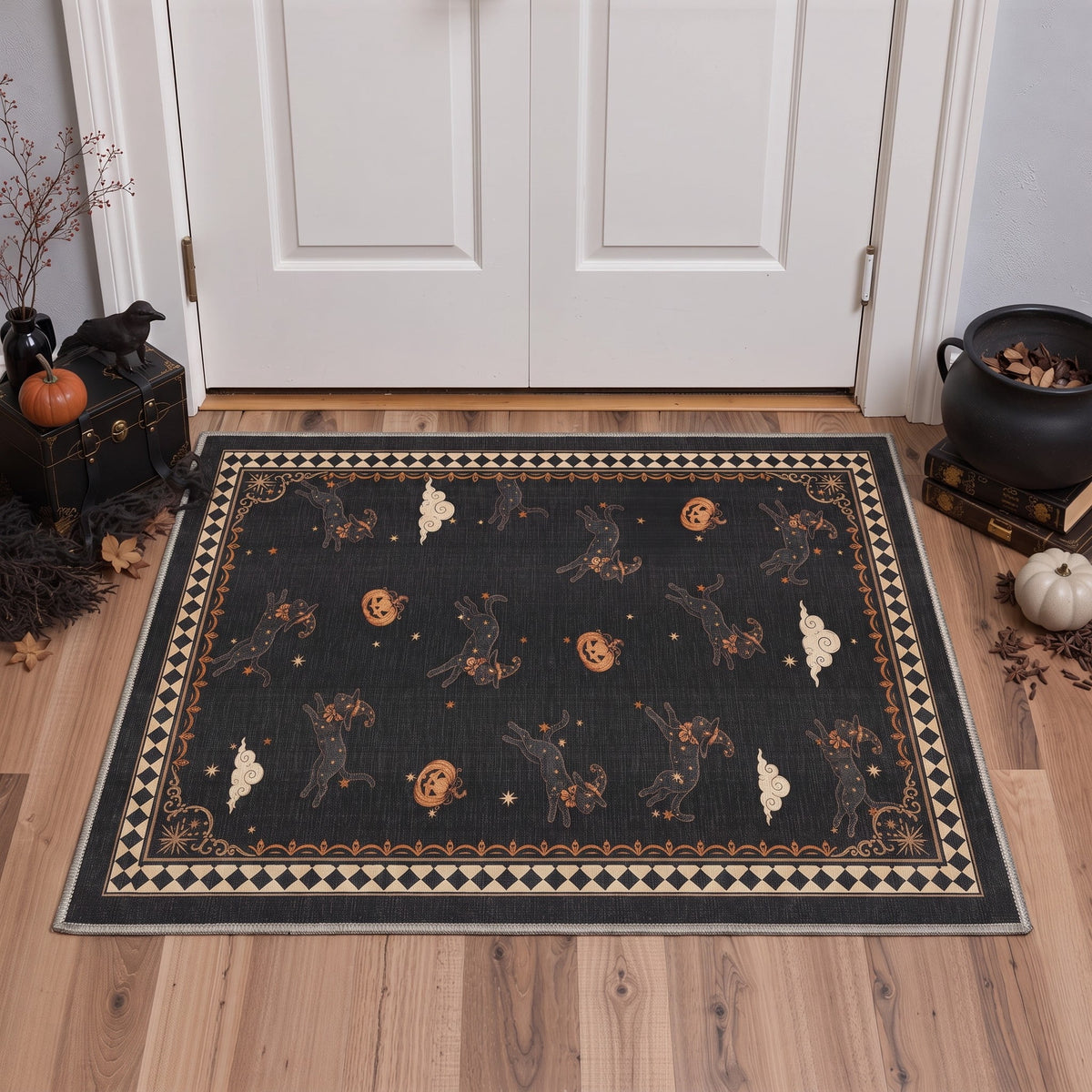 GENIMO 2'x7' Halloween Runner Rug, Washable Non Slip Soft Whimsical Skeleton Indoor Outdoor Hallway Runner for Porch Patio Kitchen Entryway, Charcoal Black