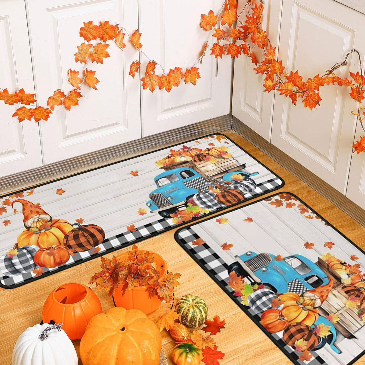 RBCKVXZ 2 Pieces Fall Kitchen Rugs Halloween Thanksgiving Pumpkin Sunflower Orange Maple Leaf Mat Floor Rug for Holiday Autumn Home Decor, 17 x 29 Inches, 17 x 47 Inches
