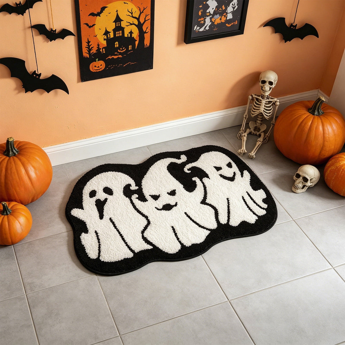 Halloween Doormat Ghost Bath Mat 23.6x15.7in Secure-Grip Absorbent Soft Faux Fur Rug for Bathroom Bedroom Living Room Decor by OVFUIZ
