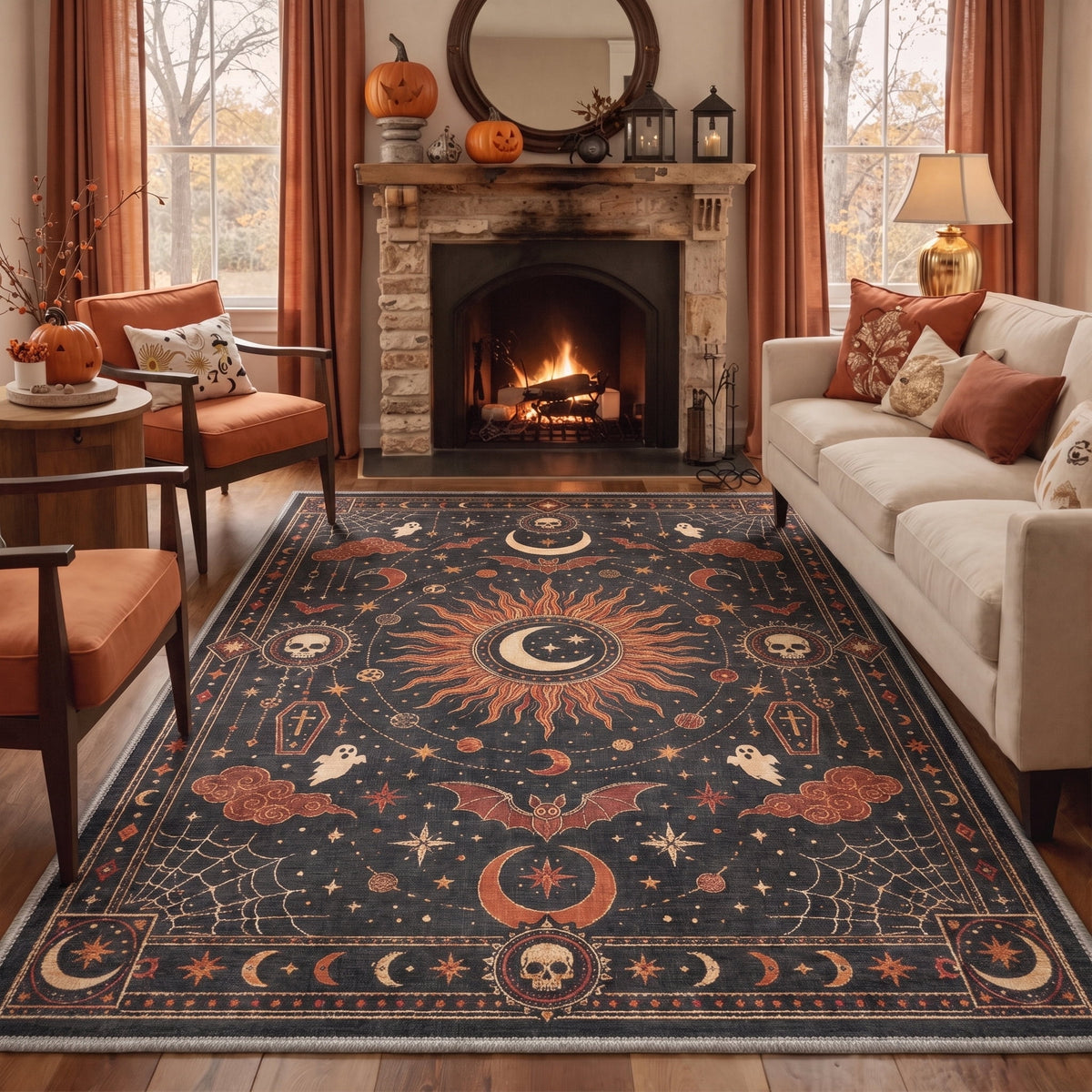 GENIMO 2'x7' Halloween Runner Rug, Washable Non Slip Soft Whimsical Skeleton Indoor Outdoor Hallway Runner for Porch Patio Kitchen Entryway, Charcoal Black