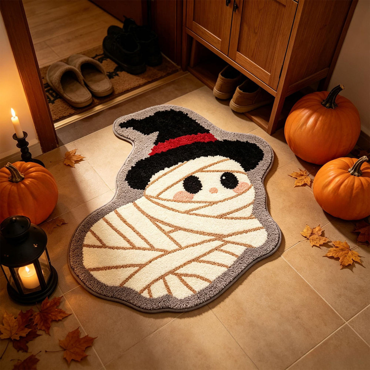 Halloween Wreath Shaped Rugs, Soft Indoor Mat for Entryway, Kitchen, Halloween Party, Pumpkin Witch Spooky Home Decor, 23.62x15.75 Inches