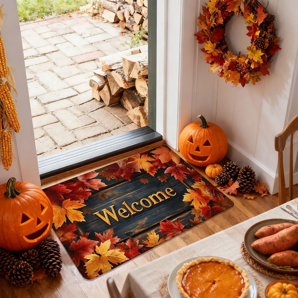 Fall Welcome Maple Leaves Decorative Doormat,Fall Pumpkins Maple Leafs Door mat Indoor Outdoor Entrance Floor Mat Non Slip Autumn Entry Mat for Thanksgiving Porch Front Door Decor 23.62*15.75in（A）