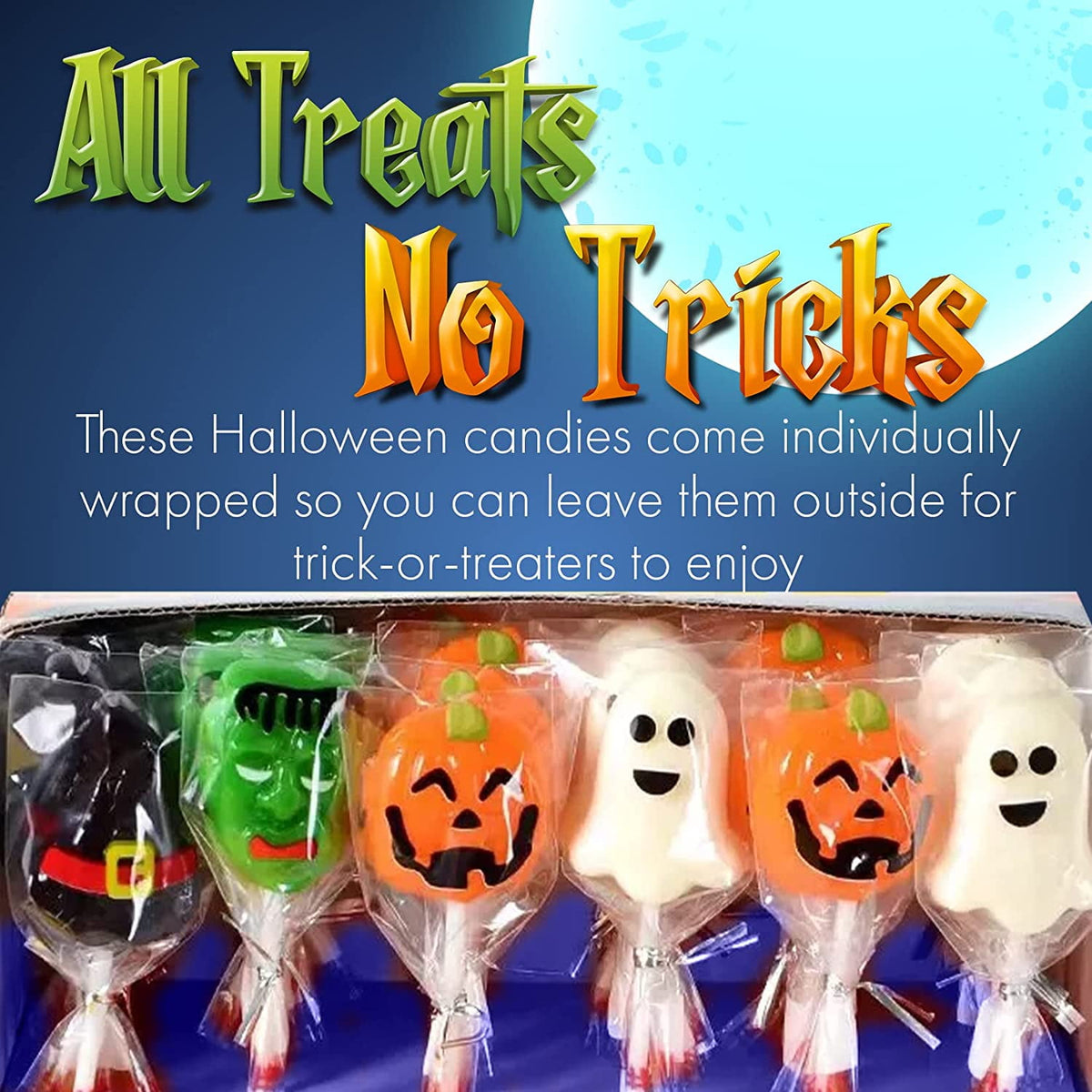 Fusion Select Halloween Candy Lollipops - Trick or Treat Candies for Kids - Frankenstein's Monster, Jack o Lantern, Ghost & Witch Hat Halloween Sweets - Individually Wrapped - 30 Treats Per Box
