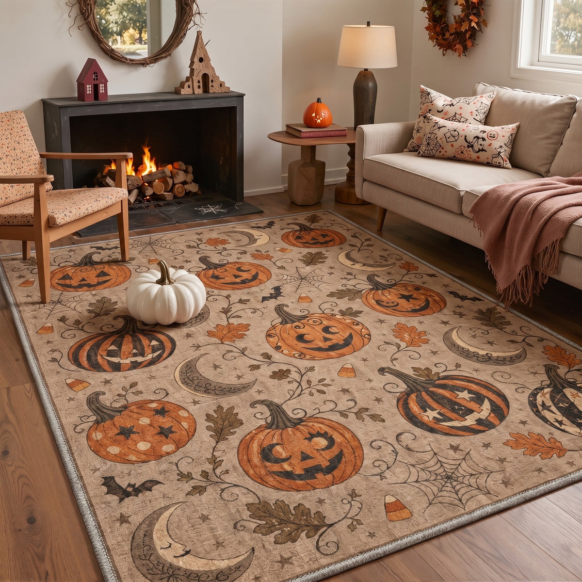 GENIMO 2'x7' Halloween Runner Rug, Washable Non Slip Soft Farmhouse Pumpkin Indoor Outdoor Hallway Runner for Porch Patio Kitchen Entryway, Vintage Sepia