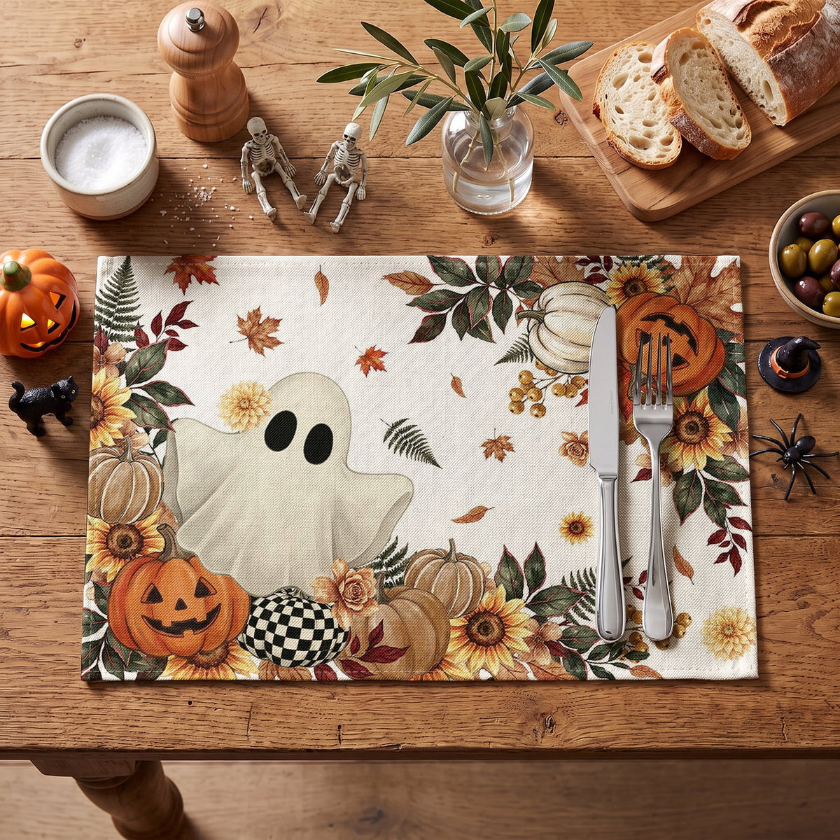 Smile Jack-O'-Lantern Spider Web Halloween Table Placemats Set of 4 Round 15 Inch Black