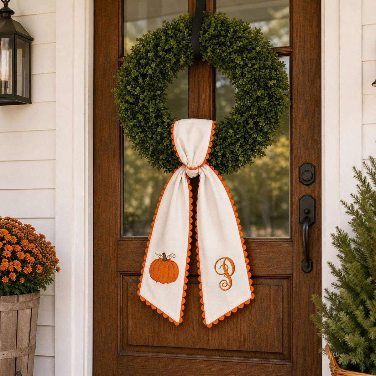 Pumpkin Embroidered Wreath Sash, 50 x 5 inch Orange Scalloped Lettered Ribbon for Halloween, Thanksgiving, Front Door, Seasonal Garland and Fall Home Decor, I