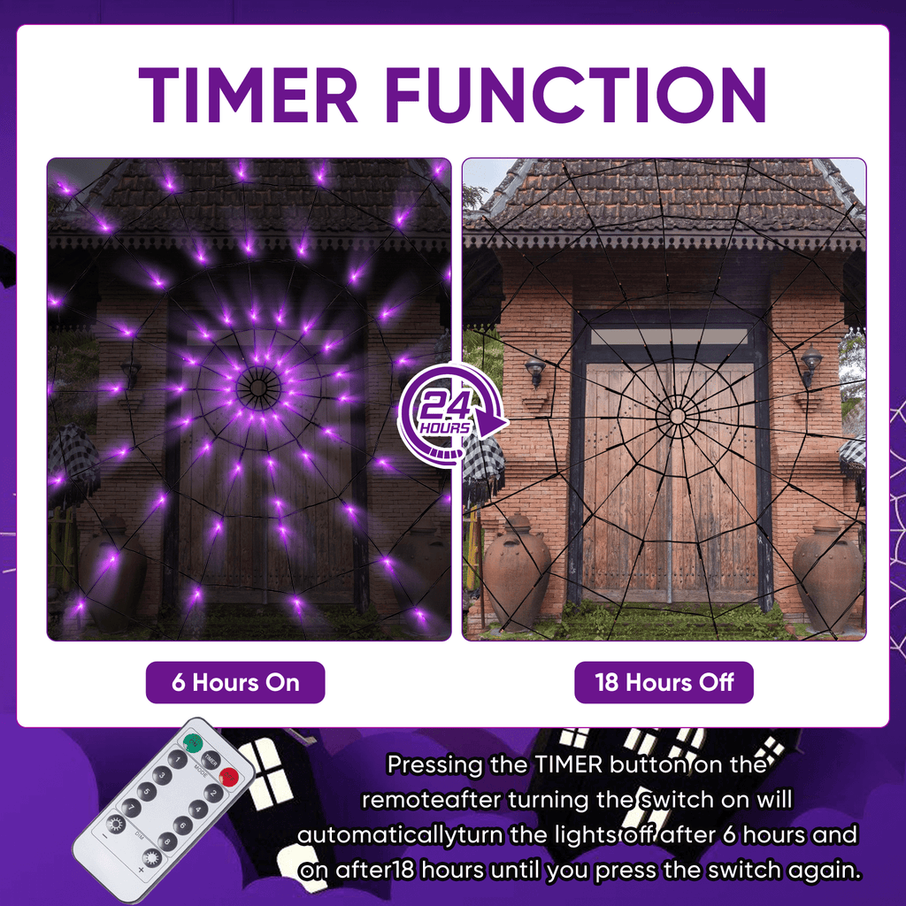 Halloween Decorations Spider Web Lights,4FT Diameter 70 LED with Black Spider, Waterproof Net Lights, Remote Control, 8 Modes Cobweb Halloween Decorations for House Garden Indoor Outdoor (Purple)