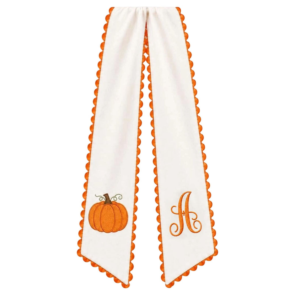 Pumpkin Embroidered Wreath Sash, 50 x 5 inch Orange Scalloped Lettered Ribbon for Halloween, Thanksgiving, Front Door, Seasonal Garland and Fall Home Decor, I