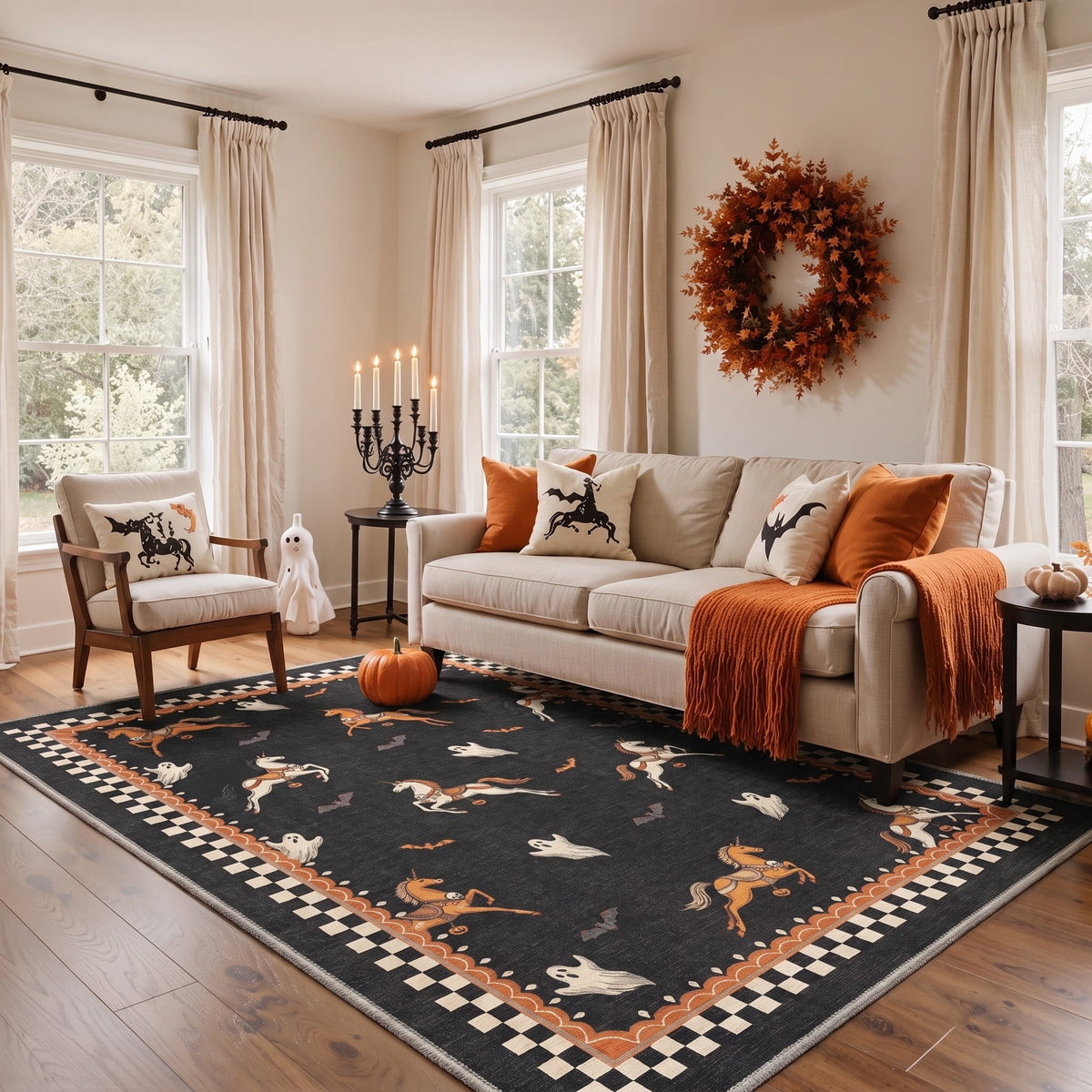 GENIMO 2'x7' Halloween Runner Rug, Washable Non Slip Soft Farmhouse Pumpkin Indoor Outdoor Hallway Runner for Porch Patio Kitchen Entryway, Vintage Sepia