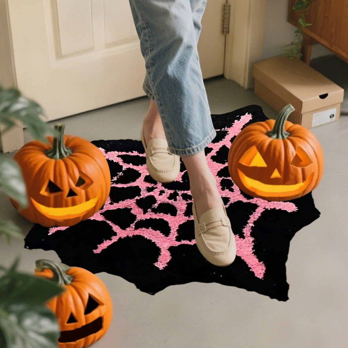 LHNFT Halloween Spider Web Bath Mat, Spooky Halloween Bathroom Rugs, High-Pile Soft Flocking Cool Rugs for Bedroom, Gothic Rug Gothic Home Decor, Black&Hot Pink, 20x32 Inch