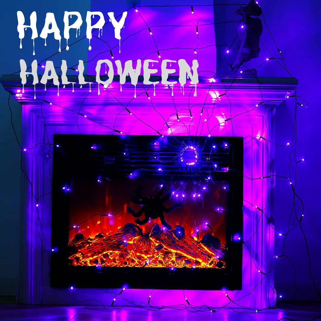 Halloween Decorations Spider Web Lights,4FT Diameter 70 LED with Black Spider, Waterproof Net Lights, Remote Control, 8 Modes Cobweb Halloween Decorations for House Garden Indoor Outdoor (Purple)