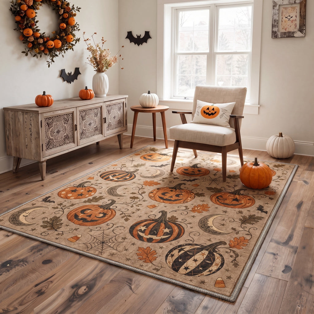 GENIMO 5'x7' Halloween Area Rug for Living Room, Washable Non Slip Soft Farmhouse Pumpkin Indoor Rug for Bedroom Dining Room Home Office, Vintage Sepia