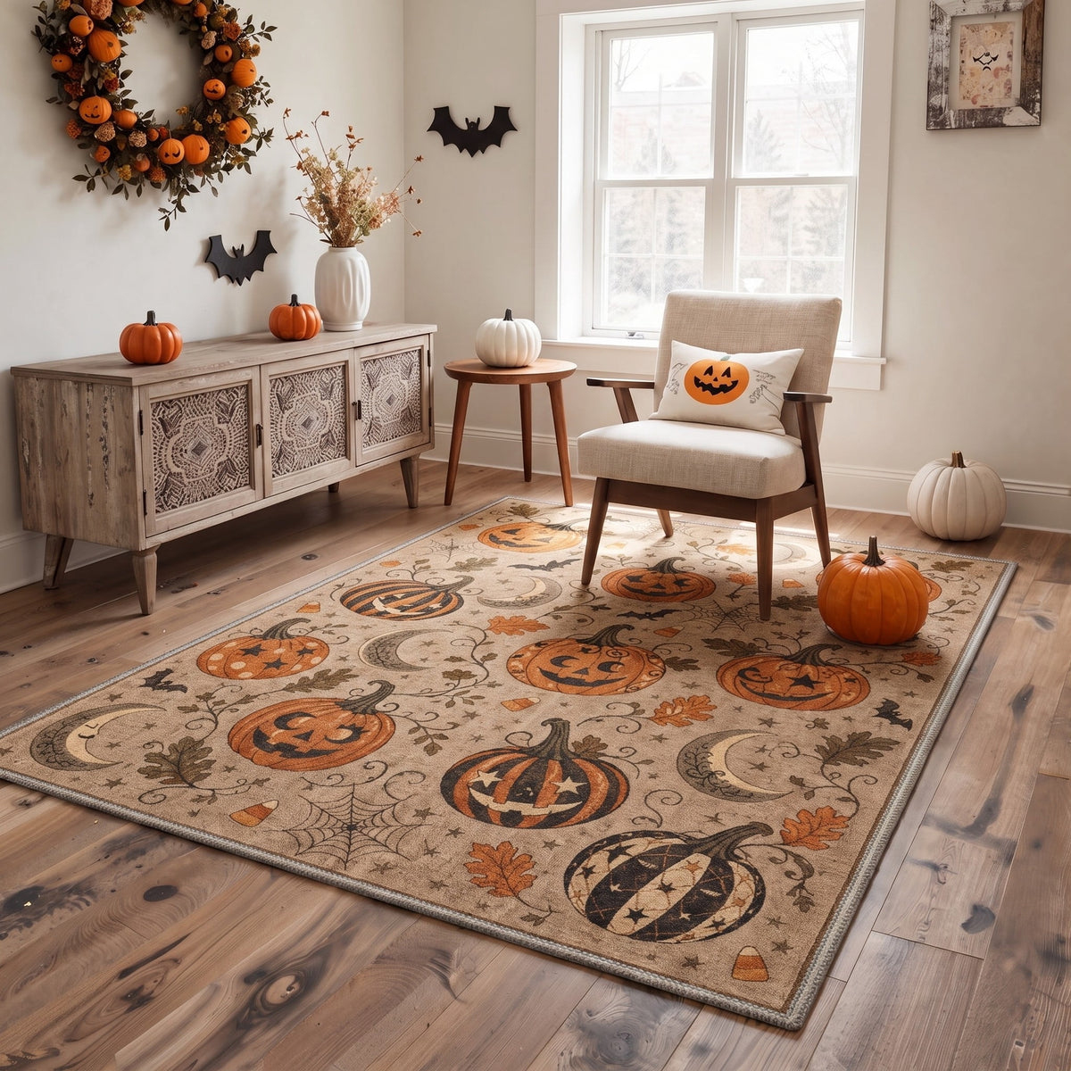 GENIMO 2'x7' Halloween Runner Rug, Washable Non Slip Soft Farmhouse Pumpkin Indoor Outdoor Hallway Runner for Porch Patio Kitchen Entryway, Vintage Sepia