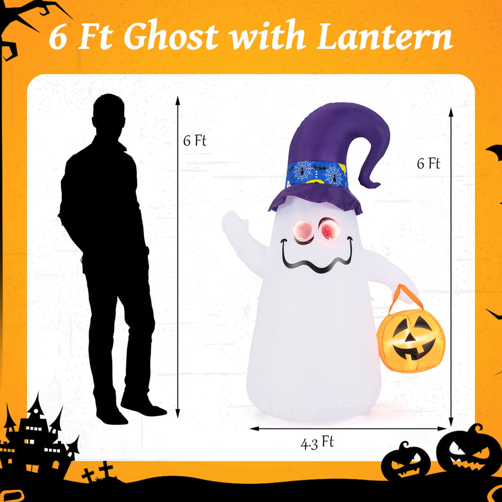 Costway 6 Ft Halloween Inflatables Cute Ghost with Jack-O-Lantern & Witch Hat