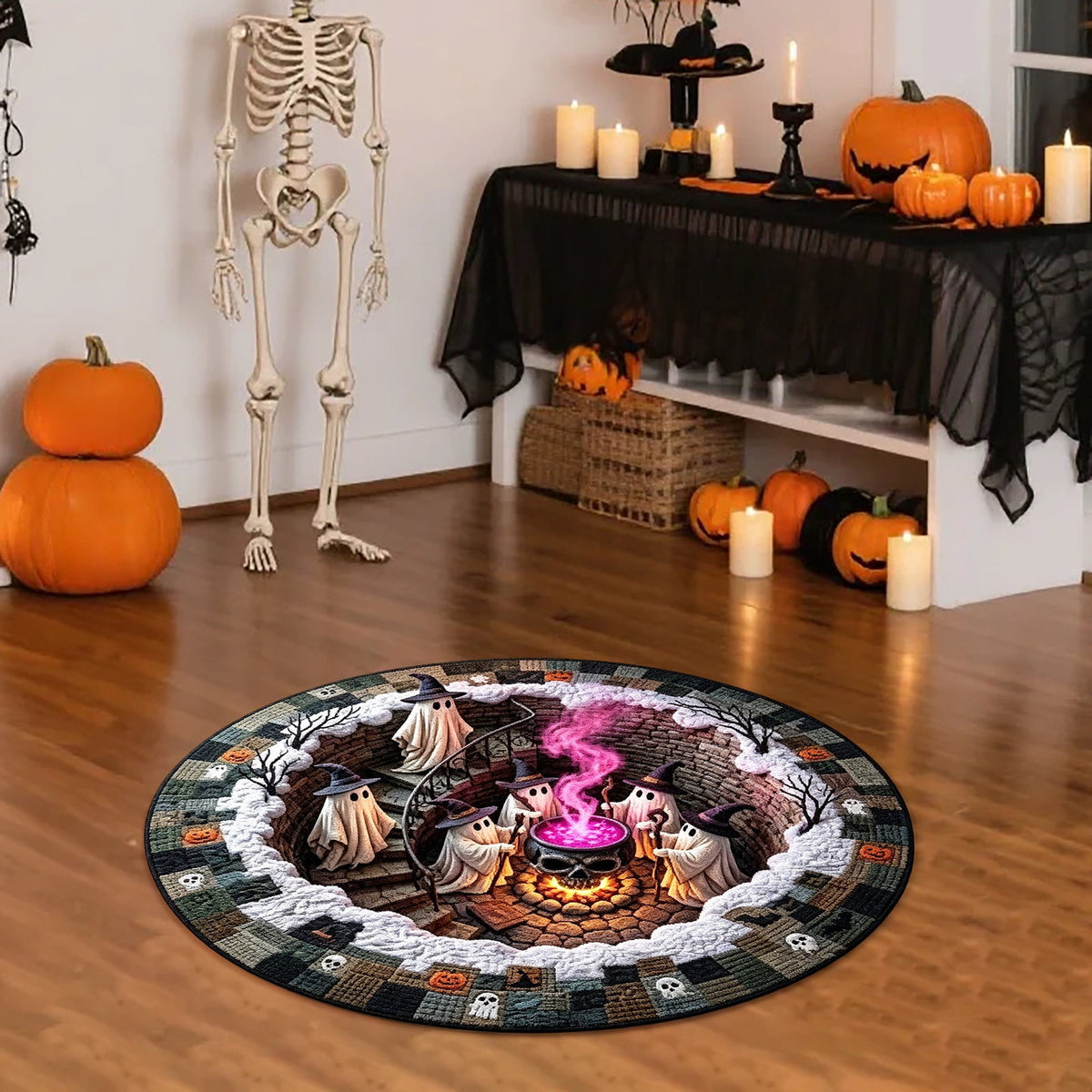 3D Illusion Halloween Round Rug 15.7 Inch, Ghost Pumpkin Spiral Staircase Print Decorative Floor Mat for Entryway Living Room Bedroom Indoor Holiday Home Decoration