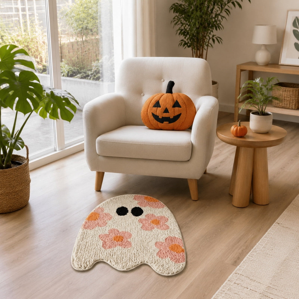 Pink Ghost Shaped Halloween Bath Mat, Boho Vintage Floral Funky Halloween Bath Mat for Bathroom Aesthetic Decorations, Rugs Non-Slip Washable Multicolor