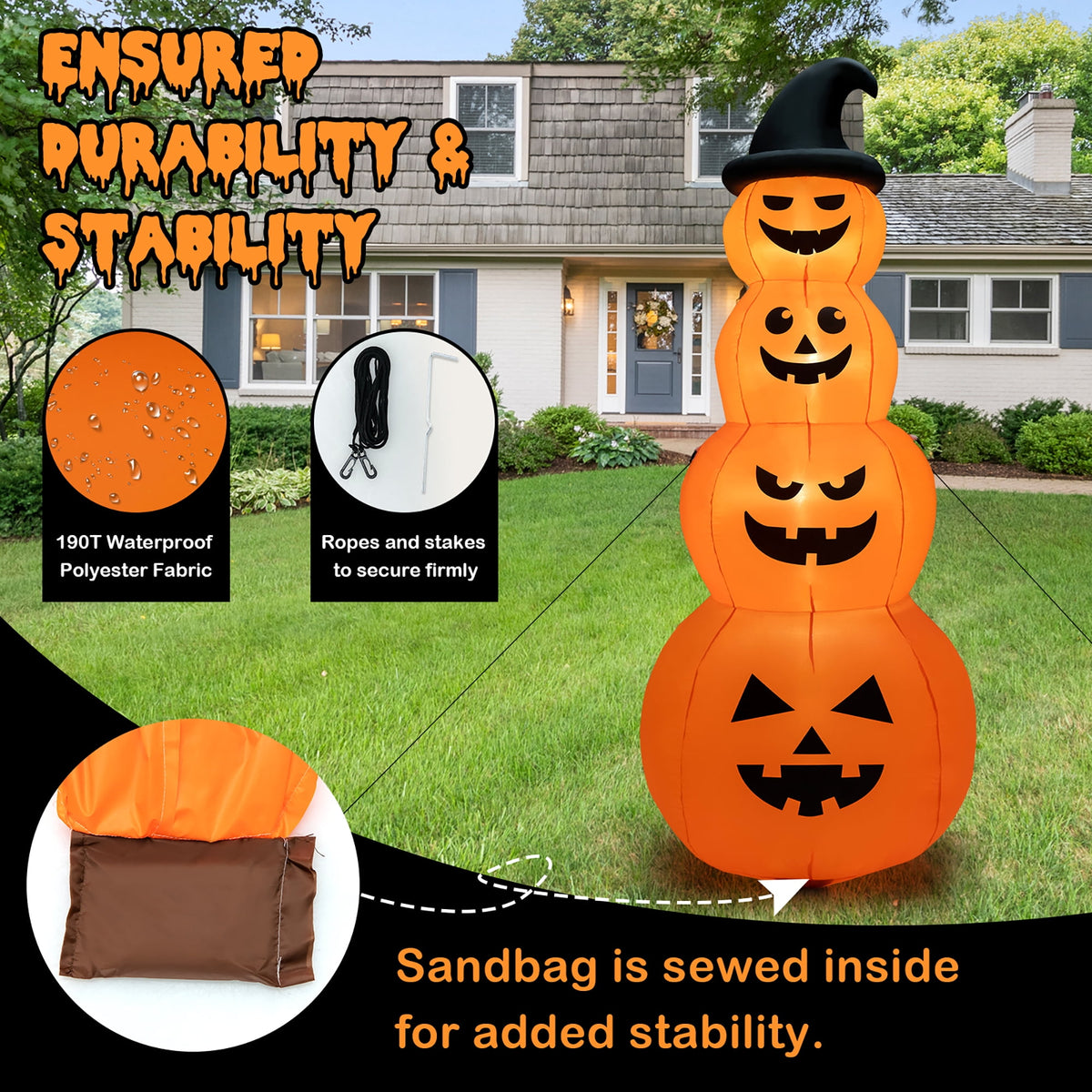 Costway 8FT Halloween Inflatable Stacked Pumpkins Blow-up Holiday Decoration w/ LED Lights